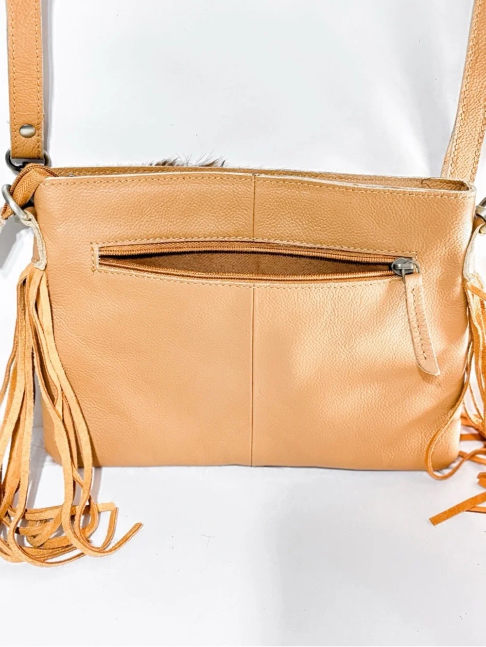 Western Cowhide & Tooled Leather Fringe Crossbody Bag - Picture 3 of 4
